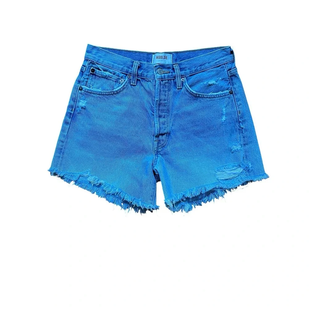 AGOLDE Womens Parker Long Distressed Light Wash Denim Jean Cut Off Shorts 26